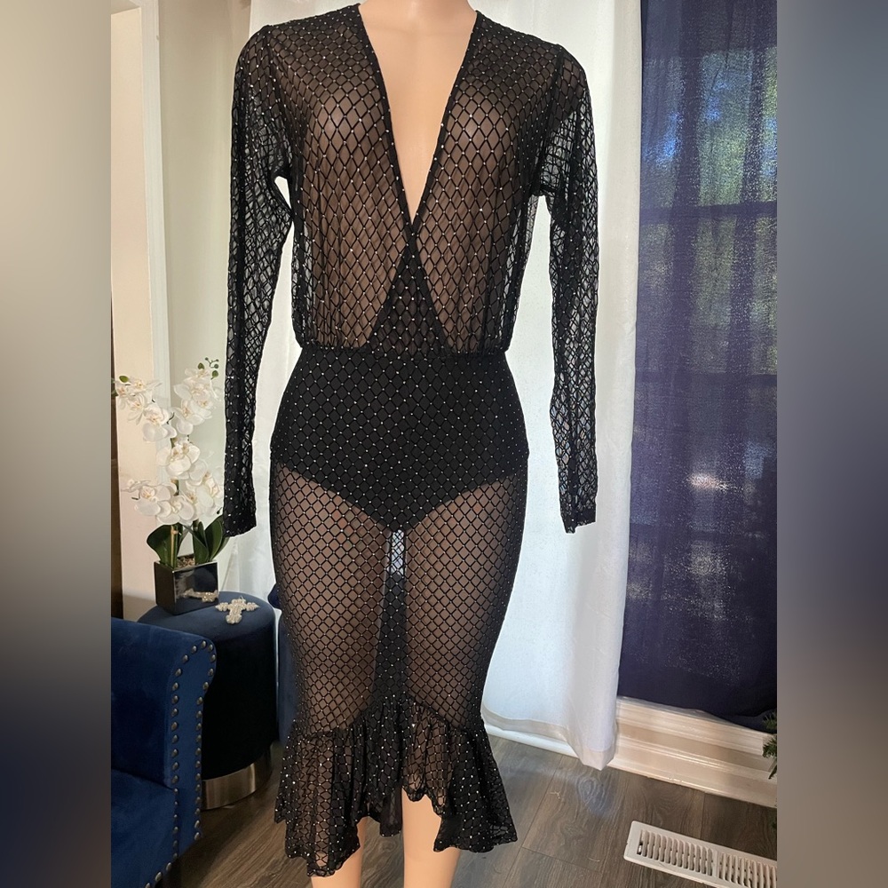 Good time USA Medium Black Sheer Mesh Dress with Deep V-Neck Mermaid Me Festive